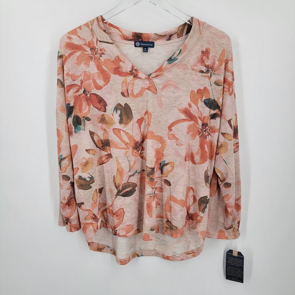 Democracy Top Womens Medium Floral Pink V Neck - Picture 5 of 11